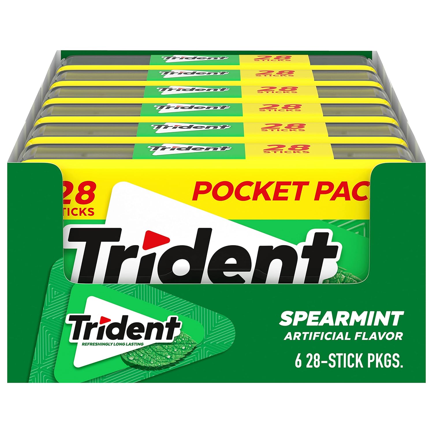 Trident Spearmint Sugar-Free Chewing Gum, 6 Pocket Packs of 28 Pieces (168 Total Pieces)