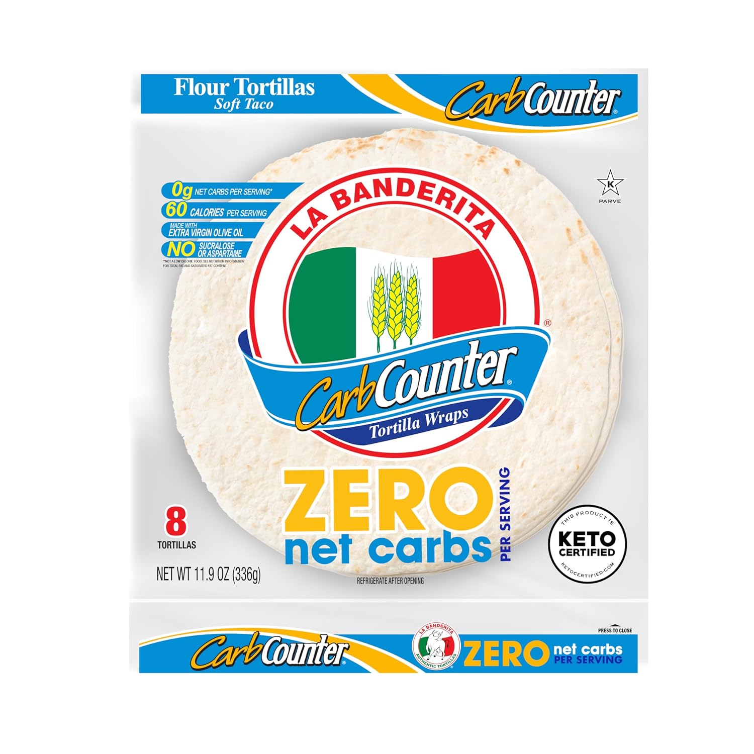 La Banderita Carb Counter® ZERO Net Carbs | 8" Size FlourTortillas |Keto Certified | 11.8 oz.| 8 Count (Pack of 12)