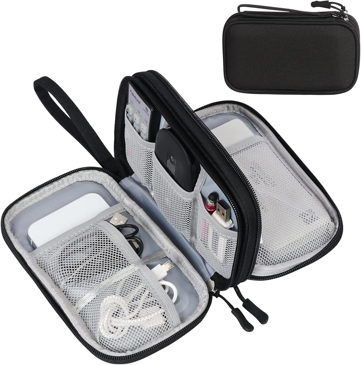 FYY Travel Cable Organiser Bag, Double-Layer Electronics Accessories Organiser Bag, Travel Essentials Universal Carry Travel Bag for Cables, Power Bank, USB Drive, Charger, Hard Disk S-Black