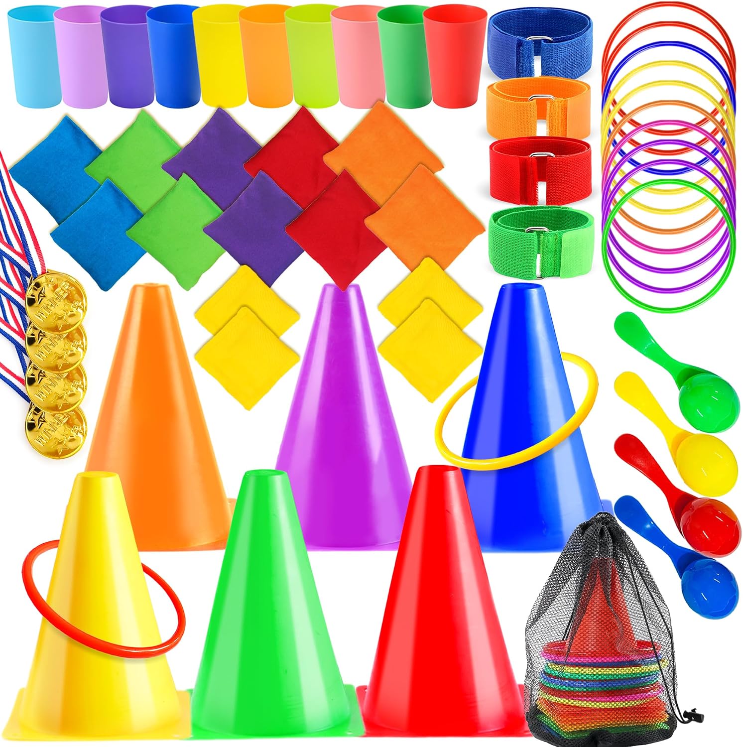Chennyfun Carnival Bean Bag Toss Game Set, 53 PCS Funny Activity Game Set, Soft Plastic Cones Bean Bags Ring Toss, Indoor Outdoor Games Birthday Party Supplies for Girls Boys Toddlers Activity