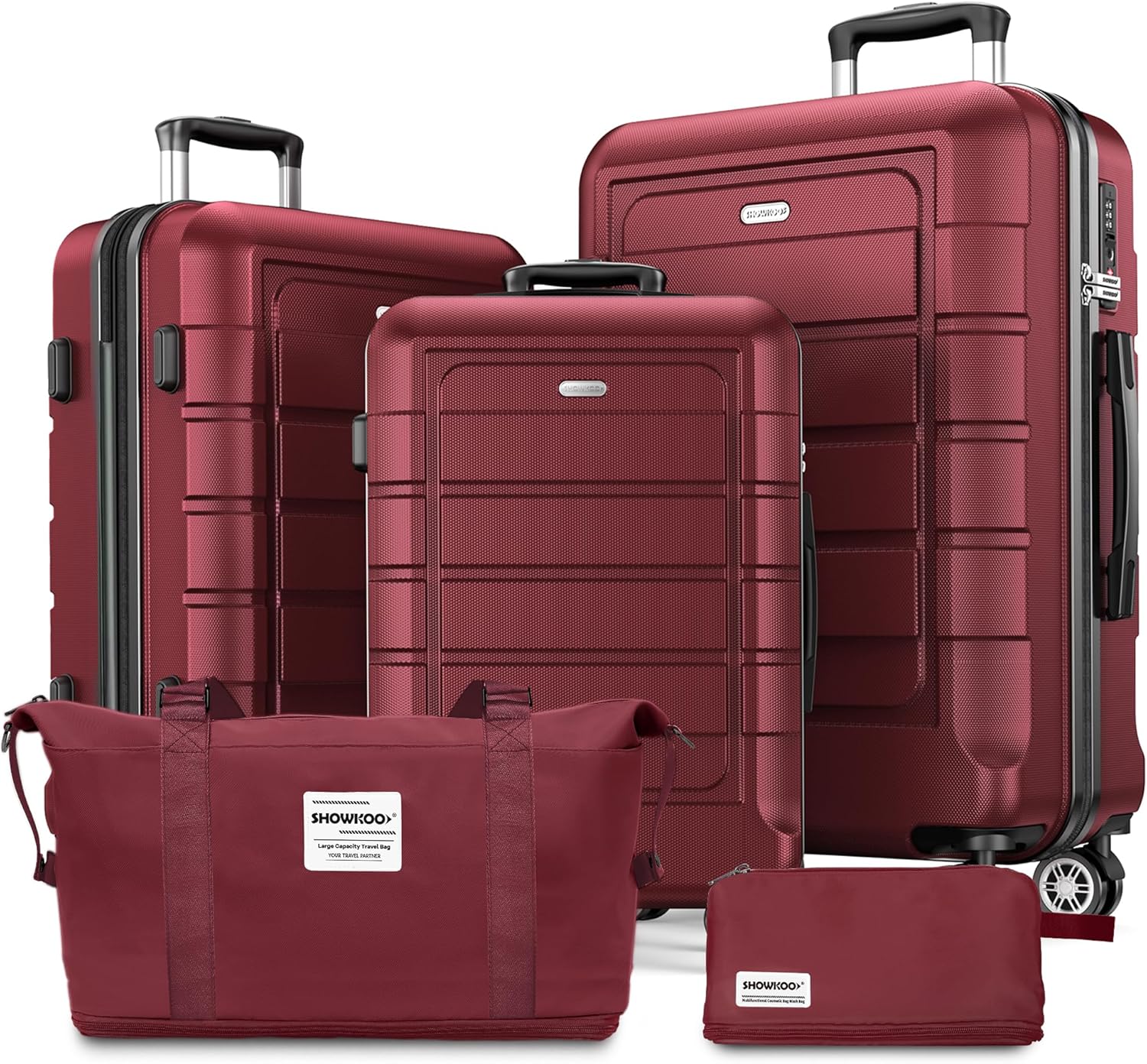 SHOWKOO Suitcase Sets 5 Piece Hardshell PC+ABS Expandable Lightweight Durable Travel Luggage with Travel Duffels Bag + Toiletry Bag -Red