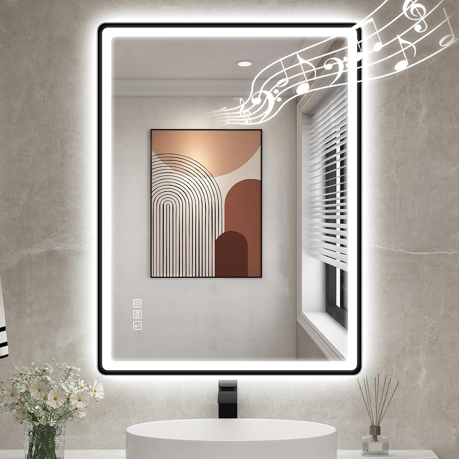 STARLEAD 600x800 mm Black-Bathroom-Mirror-with-LED-Lights and Bluetooth, LED-Bathroom-Mirror-Wall-Mounted with Anti-fog, 3 Colours Dimmable, Memory Function, IP44, Tempered Glass, Horizontal/Vertical