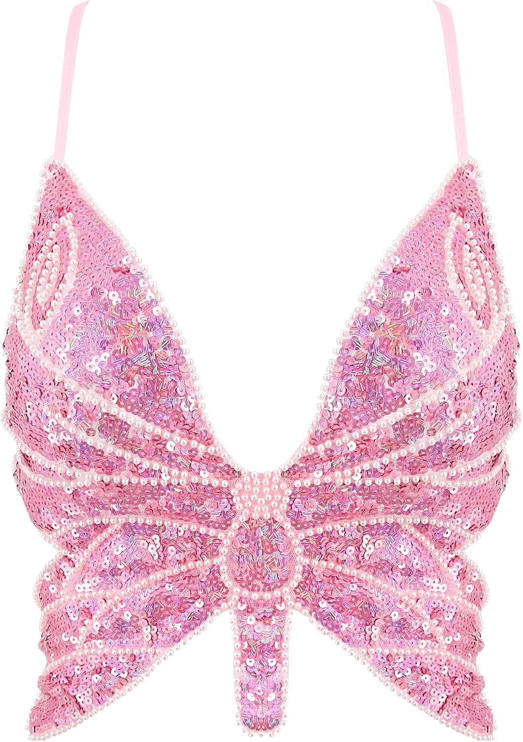 Womens Glitter Sequin Butterfly Crop Top Low-Cut Tank Top Rave Tube Vest Top for Belly Dance Costume Outfits