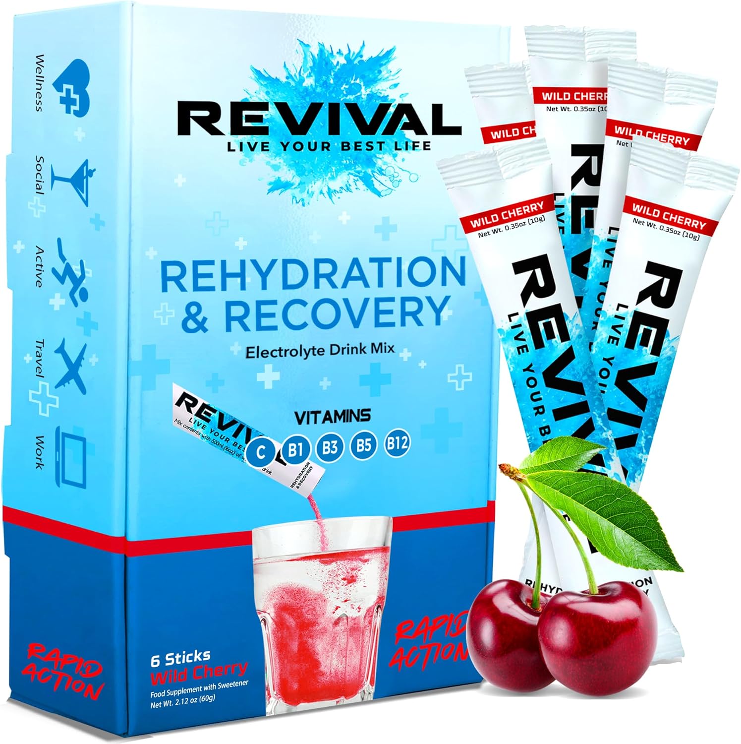 Revival Rapid Rehydration Electrolytes Powder - High Strength Vitamin C, B1, B3, B5, B12 Sachet Drink, Electrolyte Hydration Tablets - 6 Pack Cherry