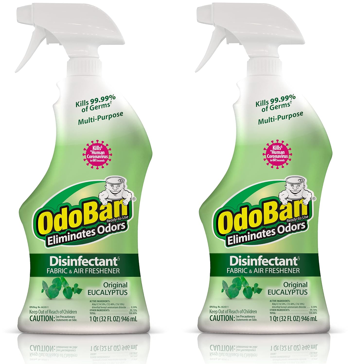 OdoBan Ready-to-Use Disinfectant and Odor Eliminator, Set of 2 Spray Bottles, 32 Ounces Each, Original Eucalyptus Scent