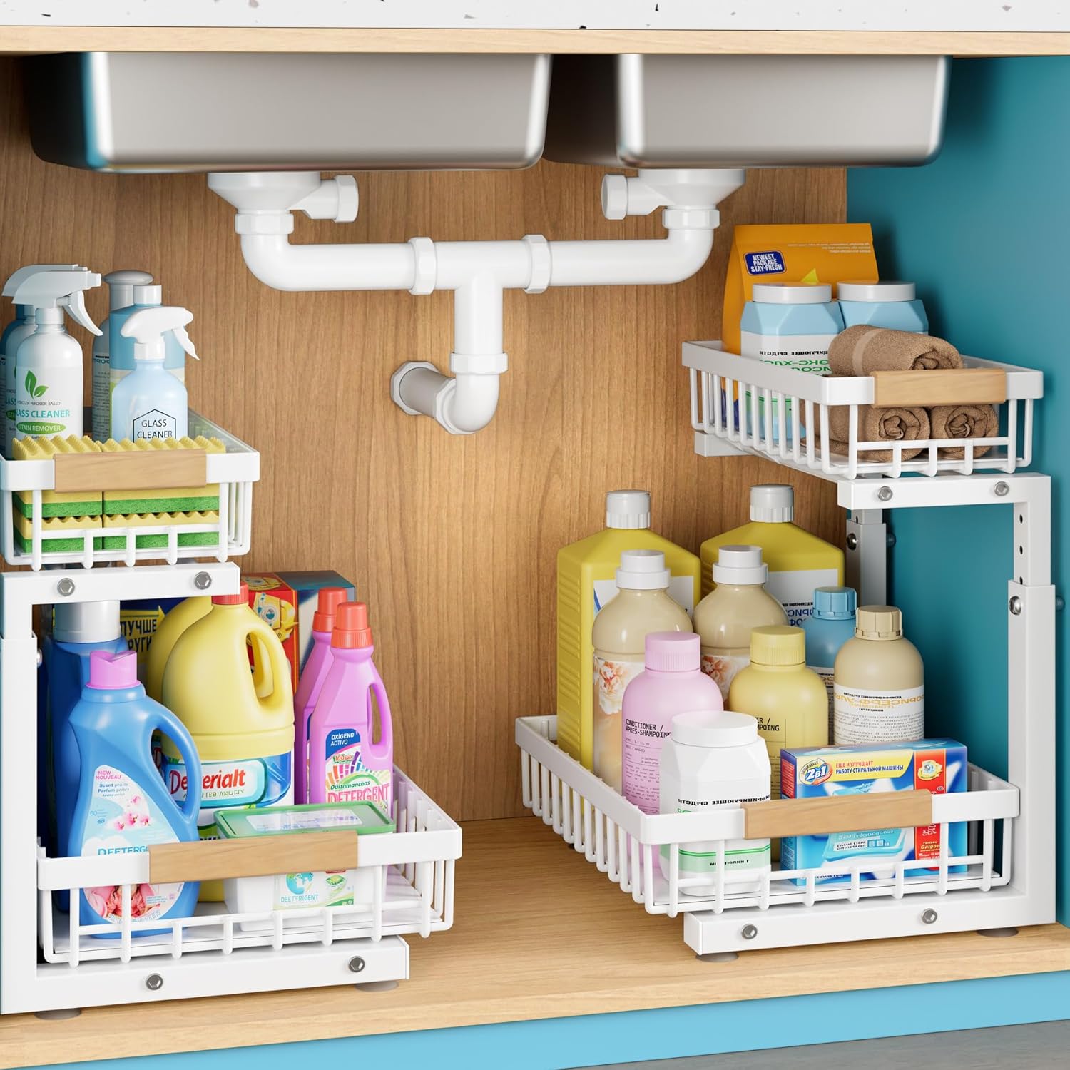 Under Sink Storage Metal 2 Packs, 2 Tier Under Sink Organiser- Upgraded 3.0 Version, Sliding Kitchen Storage & Organisation Multi-Purpose Pull Out Cupboard Organiser for Kitchen, Bathroom(White)