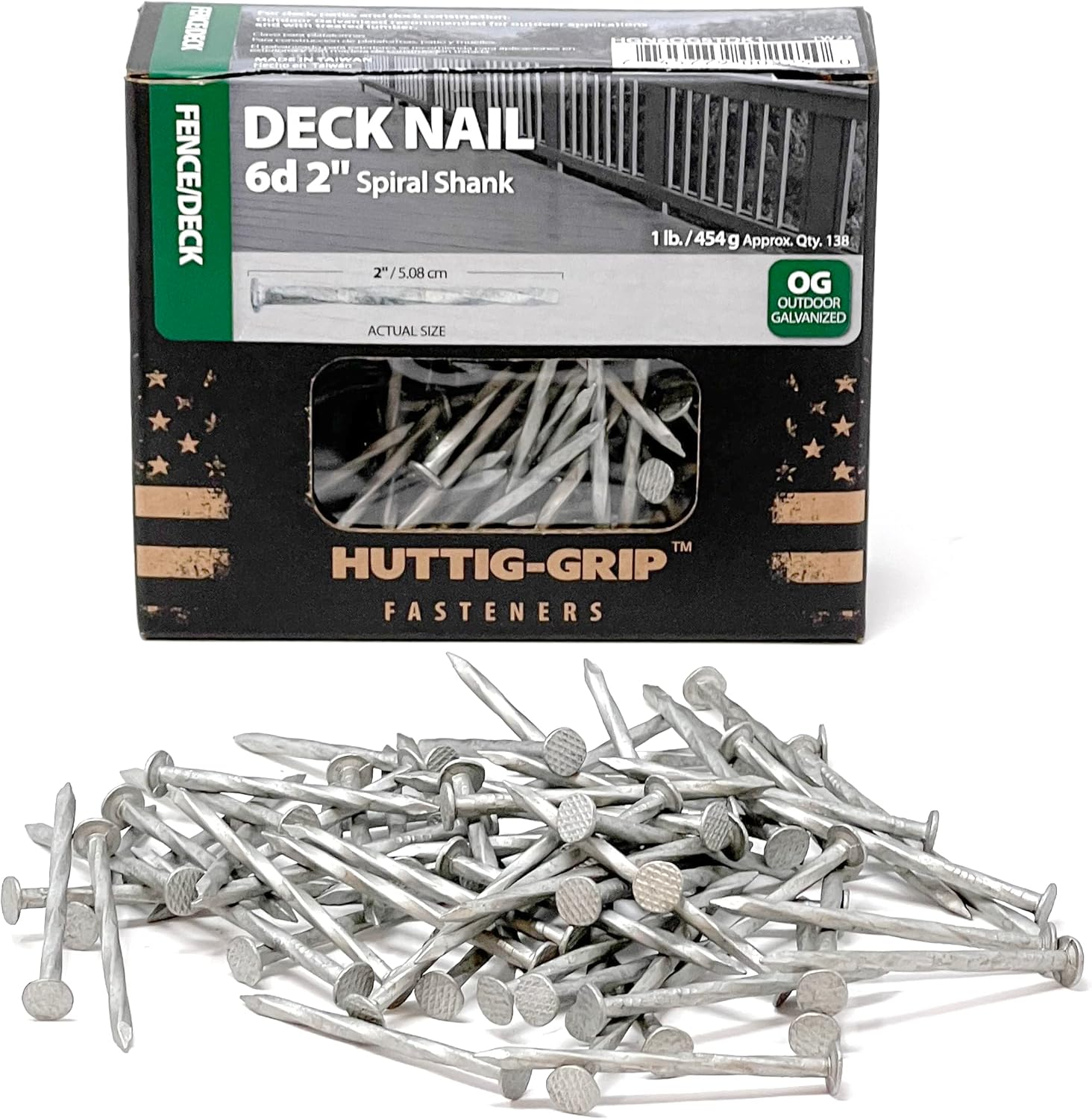 Huttig-Grip Fence Deck Nails 2 inches 6d for Wood Fencing HGN6OGSTDK1 Spiral Shank Outdoor Galvanized Finish, 1 lb Pack of 138 Nails