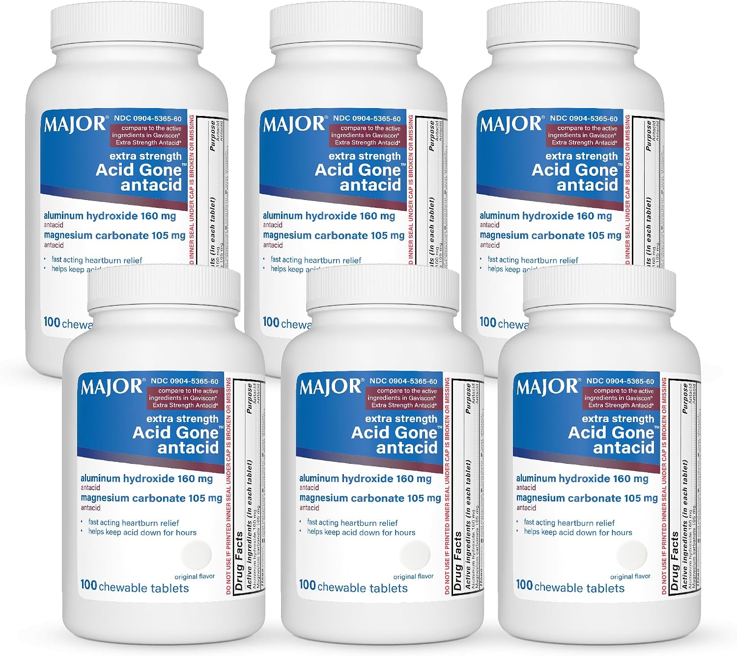 Major Acid Gone Extra Strength Antacid Chewable Tablets - Anti-Acid Relief - Acid Reflux Medicine for Adults - Upset Stomach, Acid Indigestion, and Heartburn Relief - Long-Lasting - 100-Count (6 Pack)