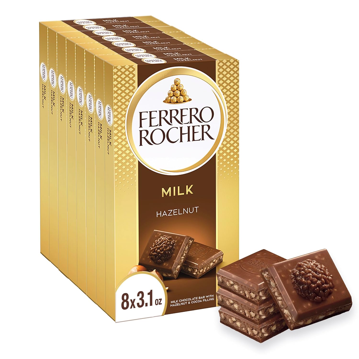 Ferrero Rocher Milk chocolate bars, Cocoa Hazelnut Filling, 8 Ct