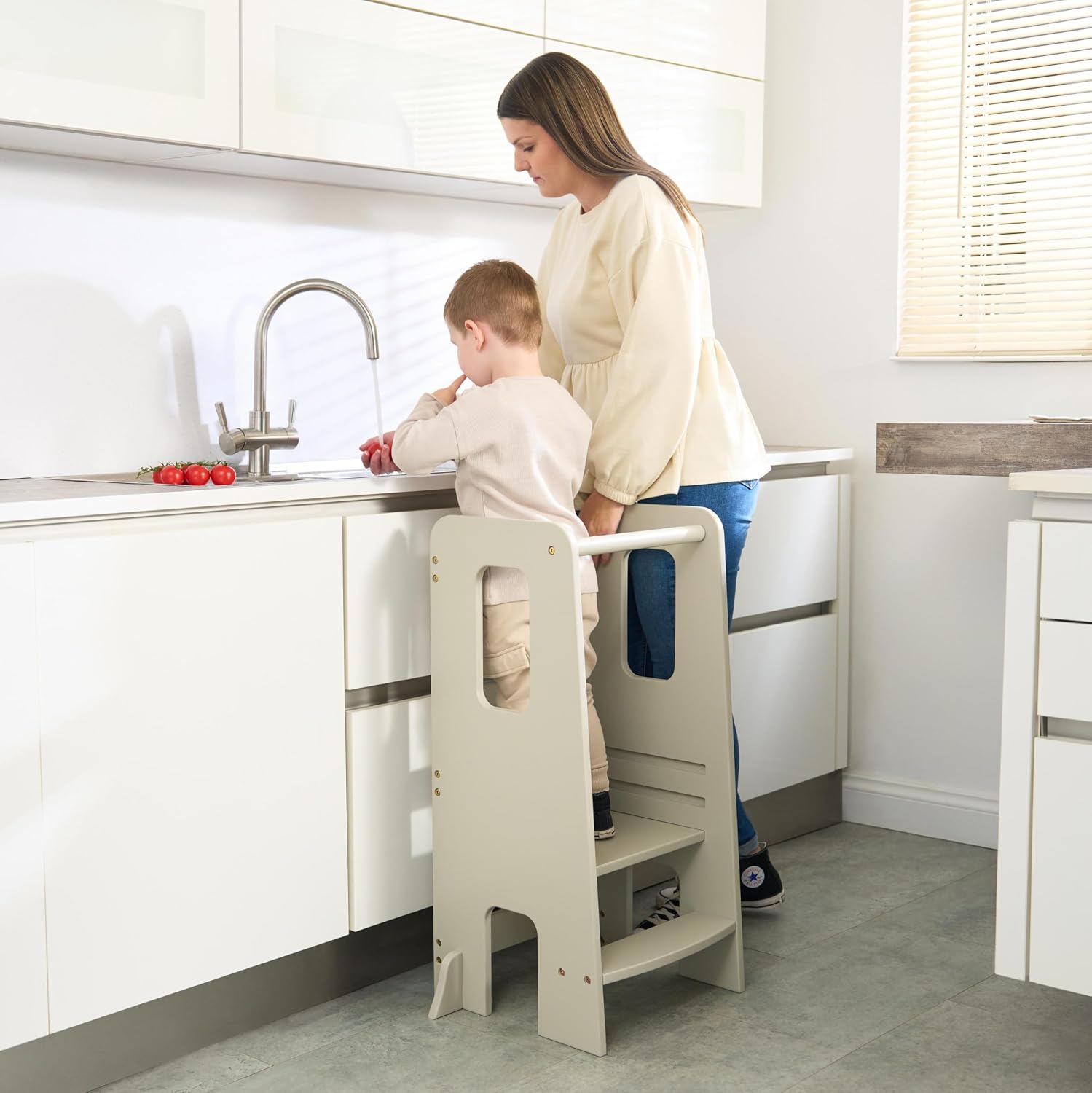 Tutti Bambini Learning Tower for Toddlers – Wooden Montessori Step Stool, 3 Adjustable Heights, Anti-Tip, Kids Kitchen Tower for Ages 2–6 (Mushroom)