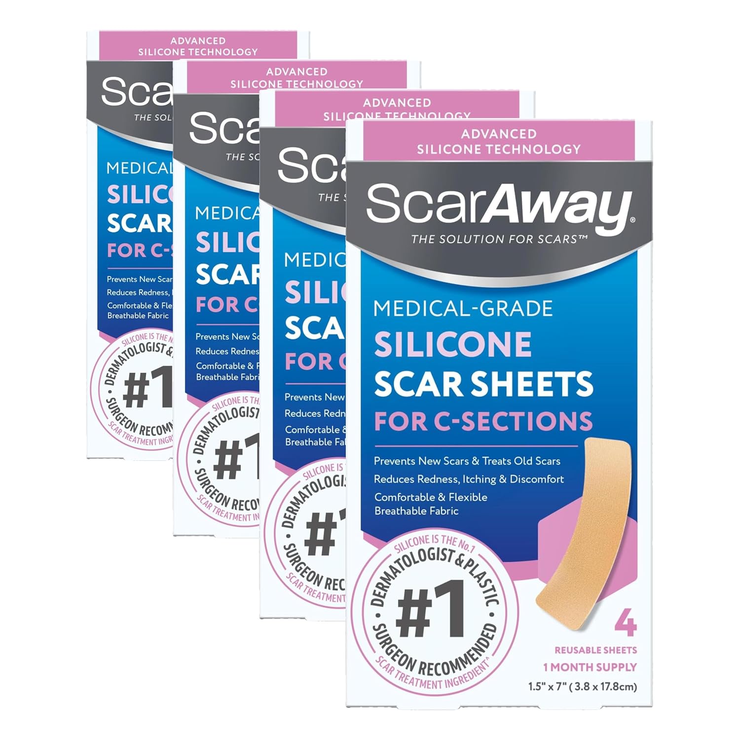 ScarAway Advanced Silicone Scar Sheets for C-Section, Reusable Strips (1.5” x 7”) for Hypertrophic and Keloid Scars from C-Section & Other Surgeries, 4 Sheets (Pack of 4)