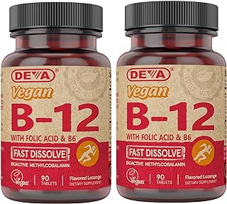 DEVA Vegan Vitamin B12 Fast Dissolve Supplement - Once-Per-Day Complex with 1000 Mcg Methylcobalamin B12, Folic Acid, B6 - Lemon Flavor - 90 Dissolvable Tablets, 2-Pack