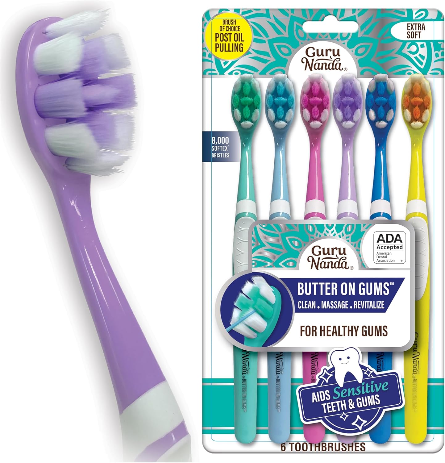 GuruNanda Butter On Gums Toothbrush, ADA Accepted, With 8000+ Ultra Soft Softex Bristles for Sensitive & Receding Gums, Perfect for Whiter Teeth, 6 Ct