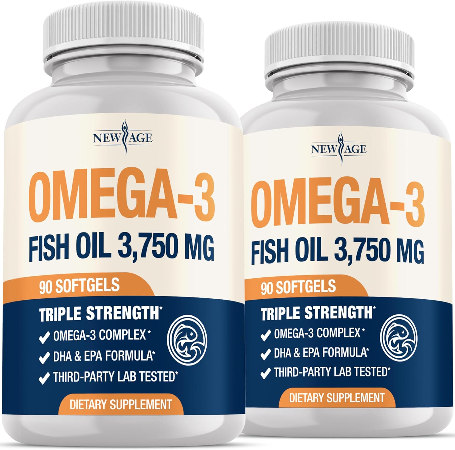 NEW AGE Triple Strength Omega 3 Fish Oil 3750 mg - EPA & DHA - Over 3000mg Omega-3 Fatty Acids - 1350mg EPA + 900mg DHA - Best Essential Fatty Acids, Burpless Fish Oil - 180 Count