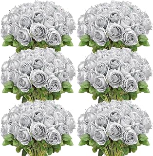 50 Pcs Artificial Rose Flower Realistic Silk Roses with Stem Bouquet of Flowers Plastic Flowers Real Looking Fake Roses for Home Wedding Centerpieces Party Decorations (Silver)
