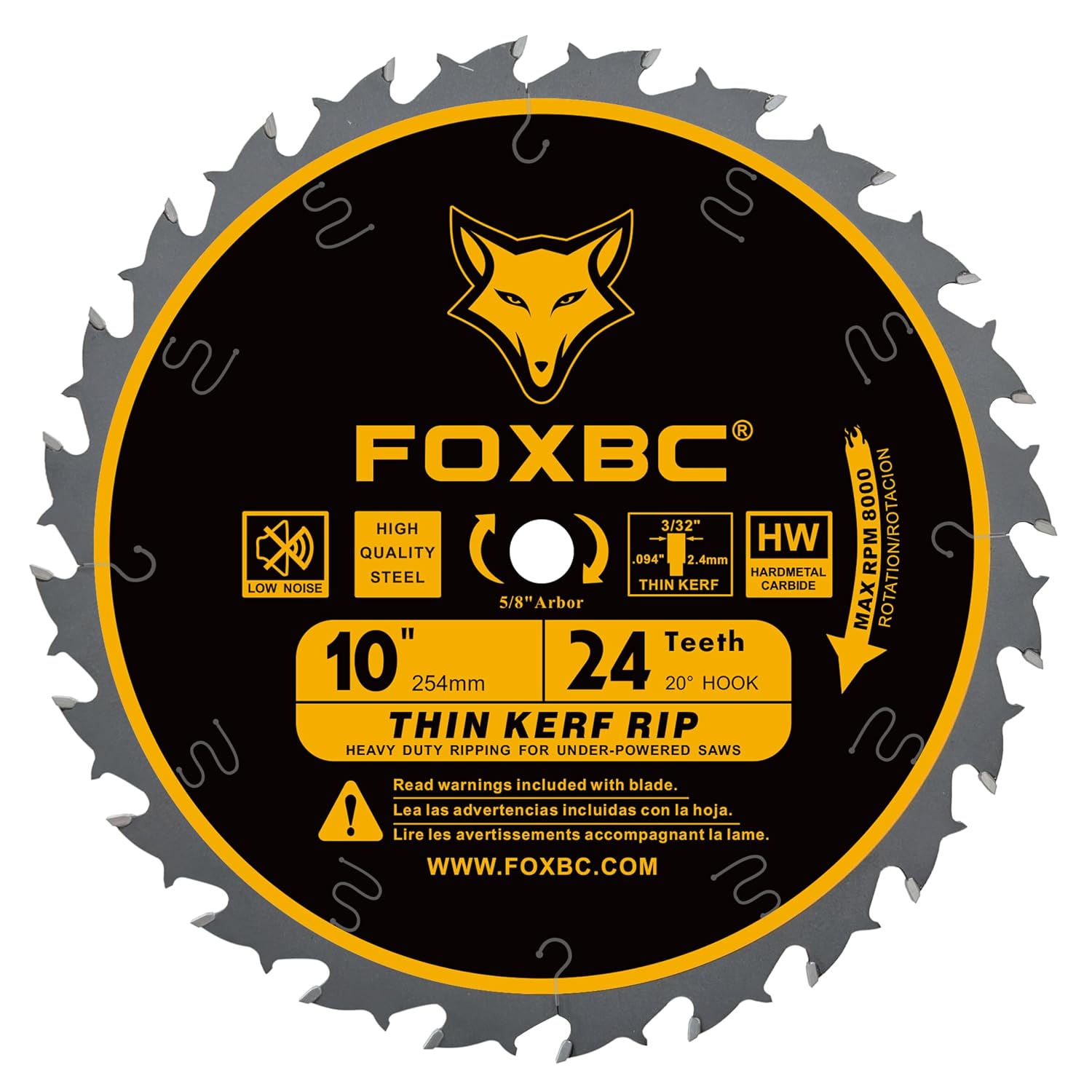 FOXBC 10-Inch Flat Tooth Ripping Table Saw Blade for Wood Cutting, 24-Tooth, Thin Kerf with 5/8-Inch Arbor