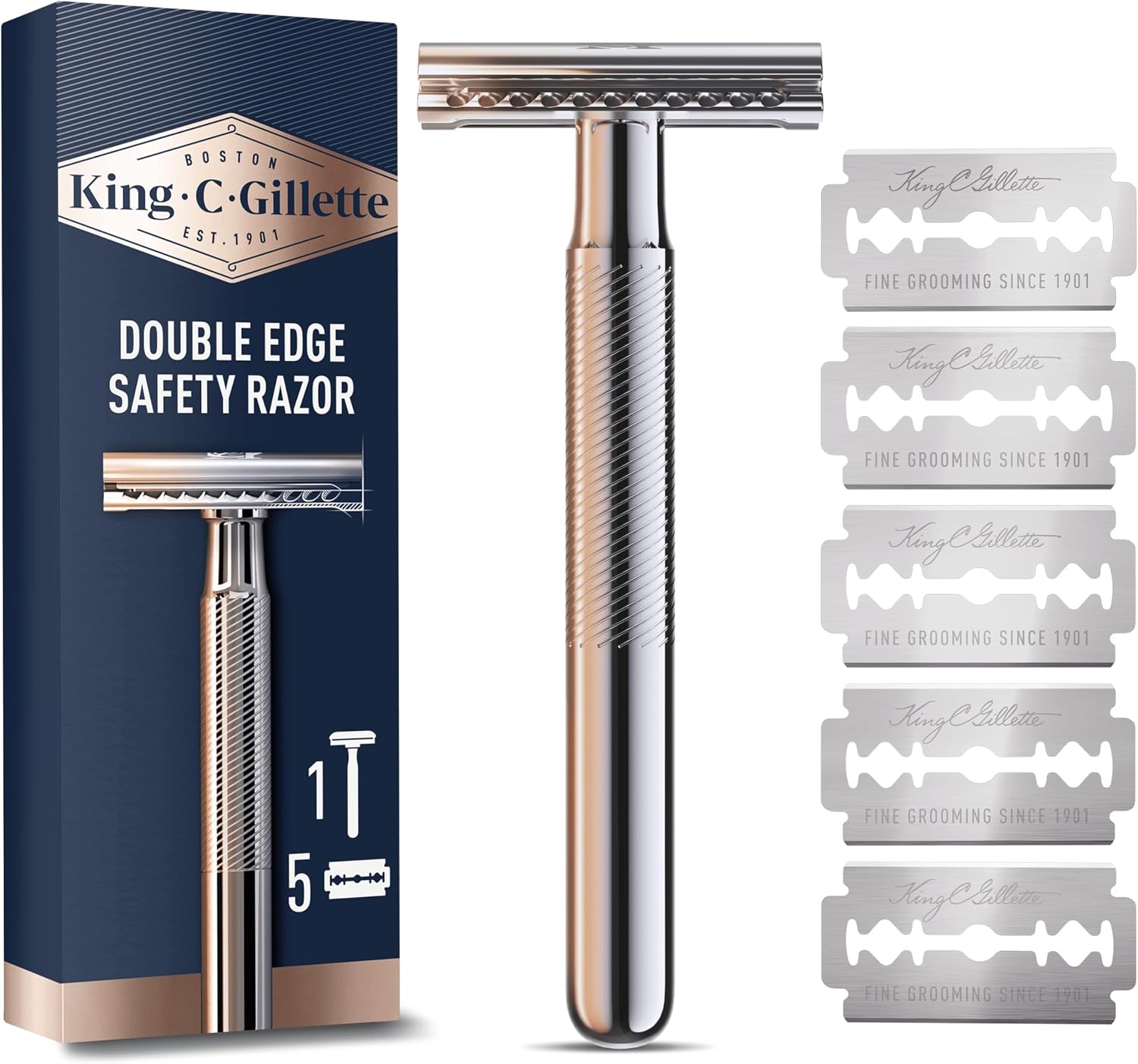 King C. Gillette Double Edge Safety Razor for Men, Gillette Razors for Men, 5 Platinum Coated Double Edge Razor Blades, Safety Razors for Men, Mens Razors for Shaving, Razor Blades Men