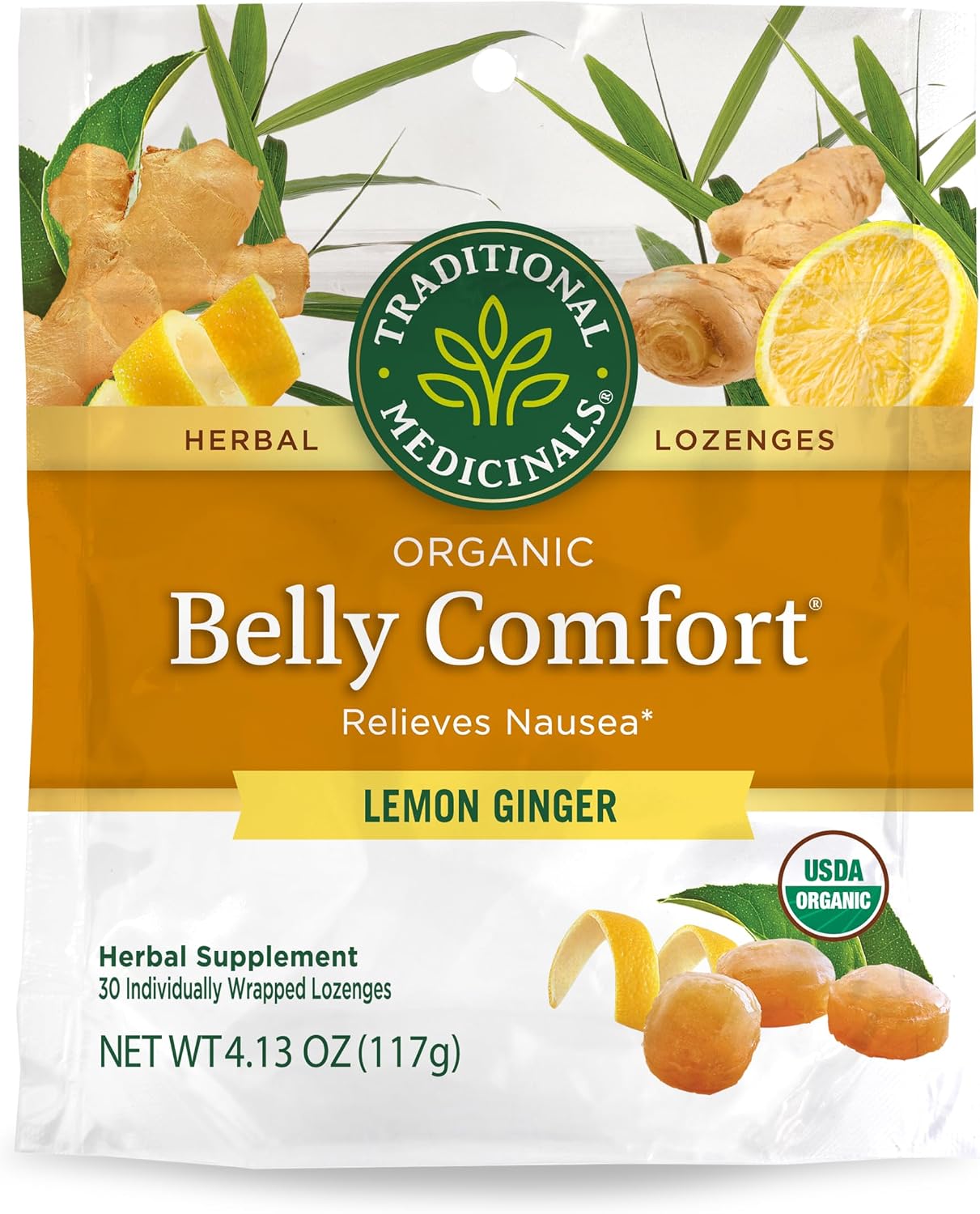 Traditional Medicinals Organic, Belly Comfort Lozenges, Lemon Ginger - Supports Nausea Relief and Occasional Indigestion - Non-GMO, Stimulant-Free - 30 Individually Wrapped Lozenges