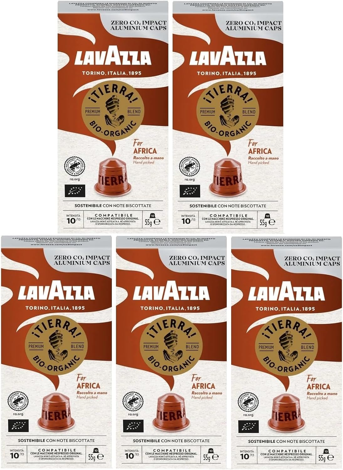 Lavazza Tierra Bio-Organic For Africa Nespresso Compatible Aluminium Coffee Capsules (Pack of 5, Total 50 Pods)
