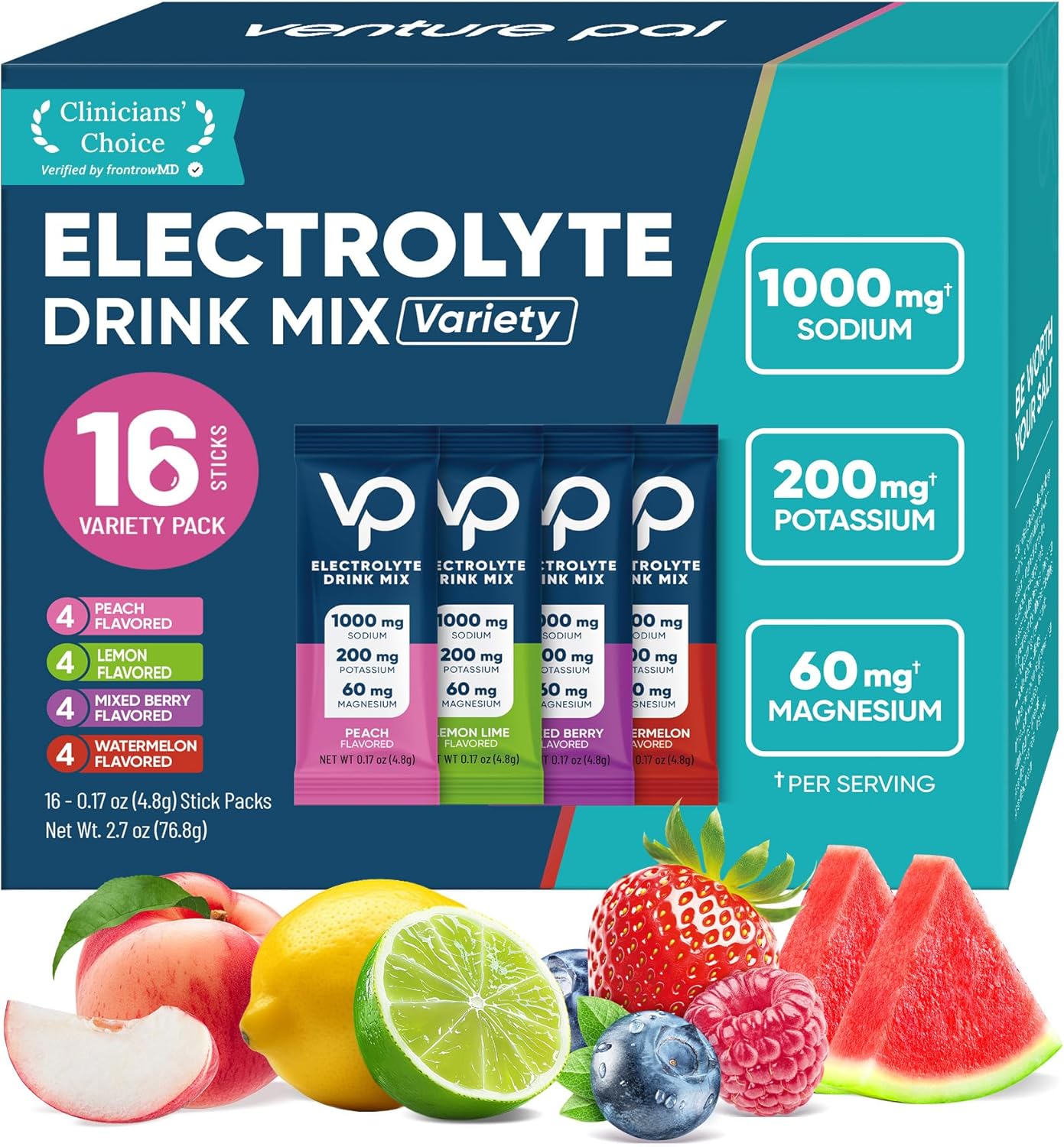 Venture Pal High Sodium Sugar-Free Electrolyte Powder Packets - Hydration Packets with Sodium, Potassium & Magnesium | Zero Calories | Keto, Vegan, and Paleo Friendly | 16 Sticks