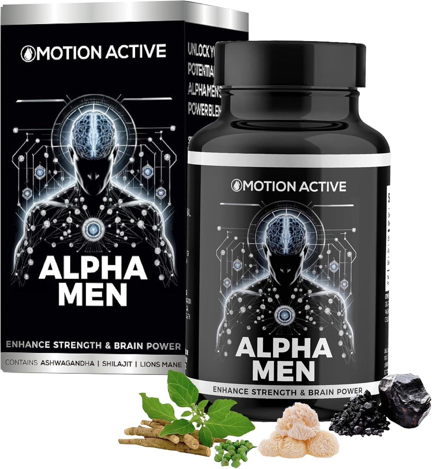 Alpha Men: Shilajit, Ashwagandha & Lion's Mane Capsules 1800mg for Peak Physical and Cognitive Performance. Premium Brain, Energy & Mood Support Blend 1800mg