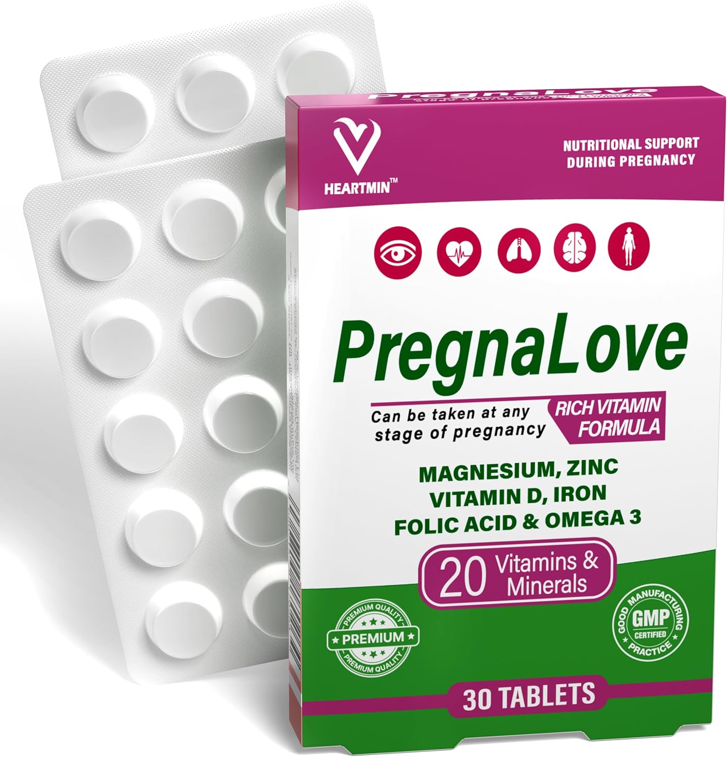 PregnaLove Original Pregnancy Support Vitamins Tablets - Conception & Fertility Prenatal Care for Women, Supplement with Added Omega-3, Zinc, Vitamin D & Iron