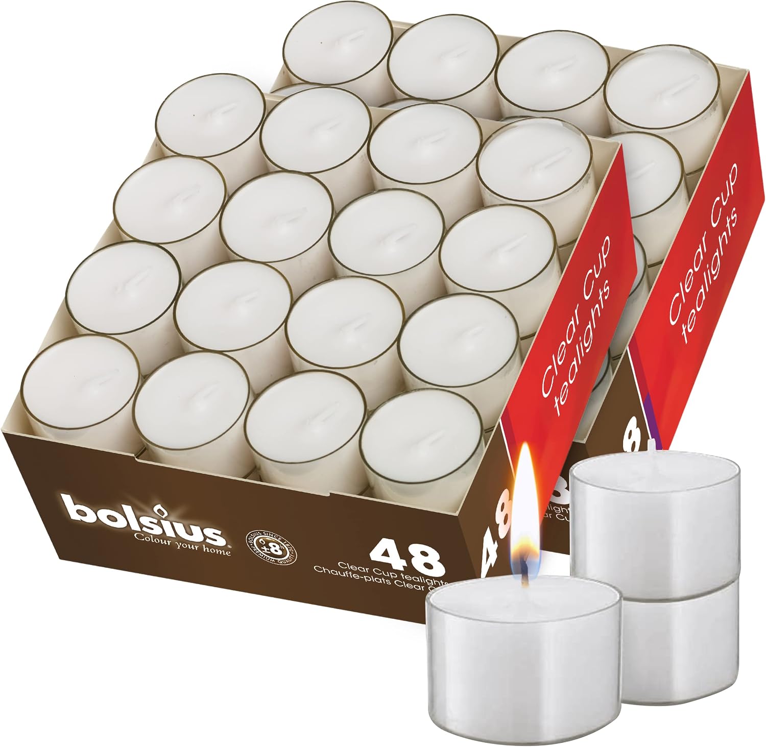 BOLSIUS Tea Light Candles in Clear Cups - 2 Packs = Total 96 Candles - 8 Hours - Premium European Quality - Consistent Smokeless Flame - Unscented Tealights