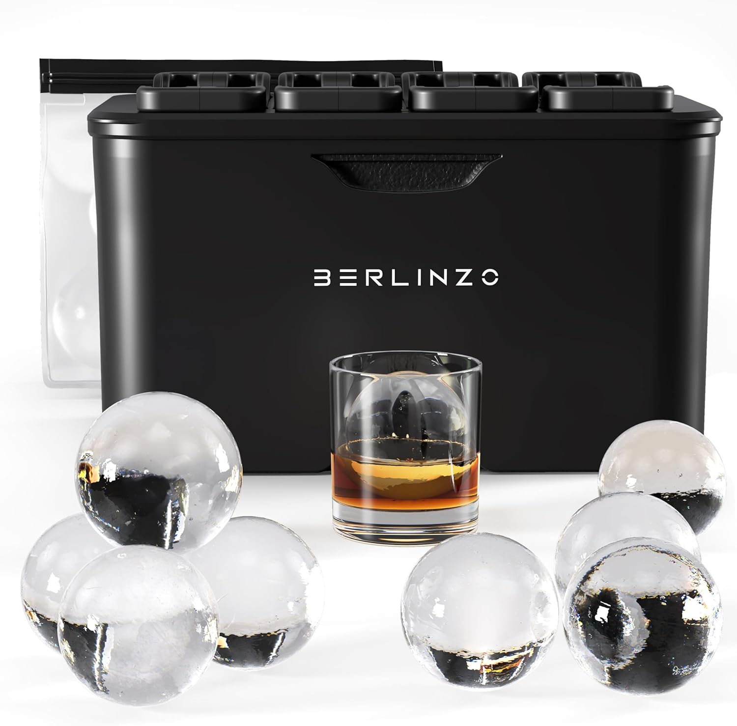 Berlinzo Premium Clear Ice Ball Maker Mold - 8 Large 2.4" Crystal Clear Ice Balls for Whiskey, Cocktails & Bourbon - Easy-to-Remove Mold for Ice Spheres - XL Storage Bag Included (Non-Electric)