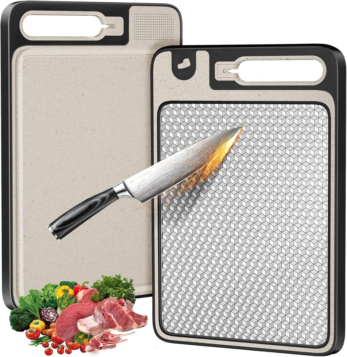 Chopping Boards for Kitchens,Double Sided 304 Food-Grade Stainless Steel Chopping Board and Wheat Straw Chopping Boards,Cutting Board for Meat &Vegetables,Non Toxic Hygienic Safe,Easy to Clean