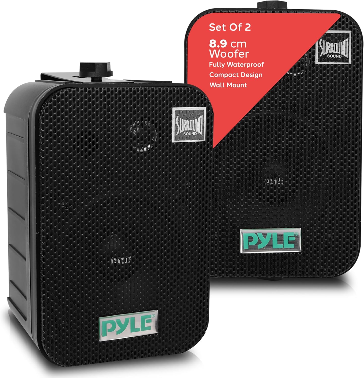 Pyle Dual Waterproof Outdoor Speaker System, 9cm Pair of Weatherproof Wall / Ceiling Mounted Speakers w/ Heavy Duty Grill, Universal Mount - For Use in the Pool, Patio, Indoor (Black)