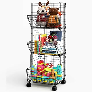 3 Tier Rolling Wire Toy Organizer Basket - with Wheel, S-Hooks, Adjustable Chalkboards - Toy Storage Cart Wall Bookshelf for Kids Room, Playroom, Bedroom