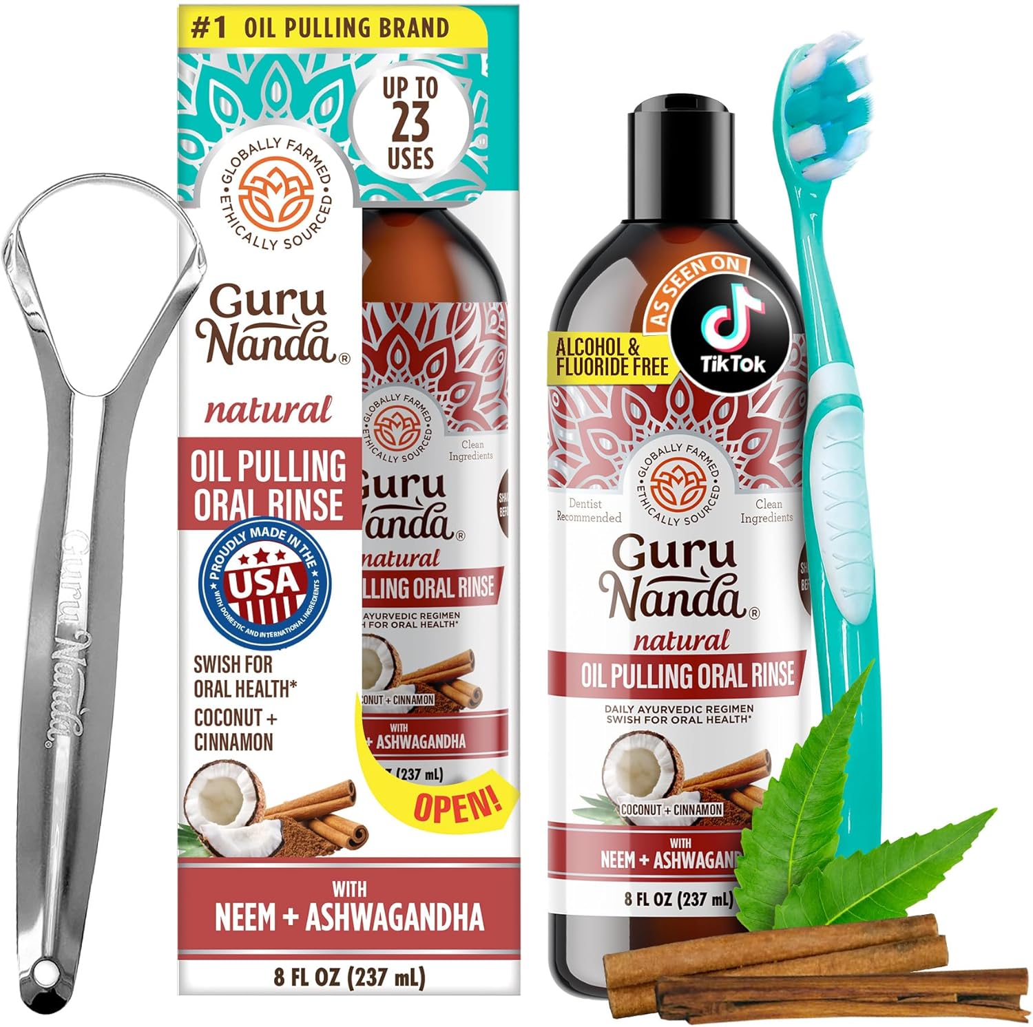 GuruNanda Ashwagandha Oil Pulling Mouthwash, Promotes Calmness, with Neem & Roman Chamomile for Fresh Breath & Happy Gums, Alcohol-Free, with Toothbrush & Tongue Scraper, 237 ml