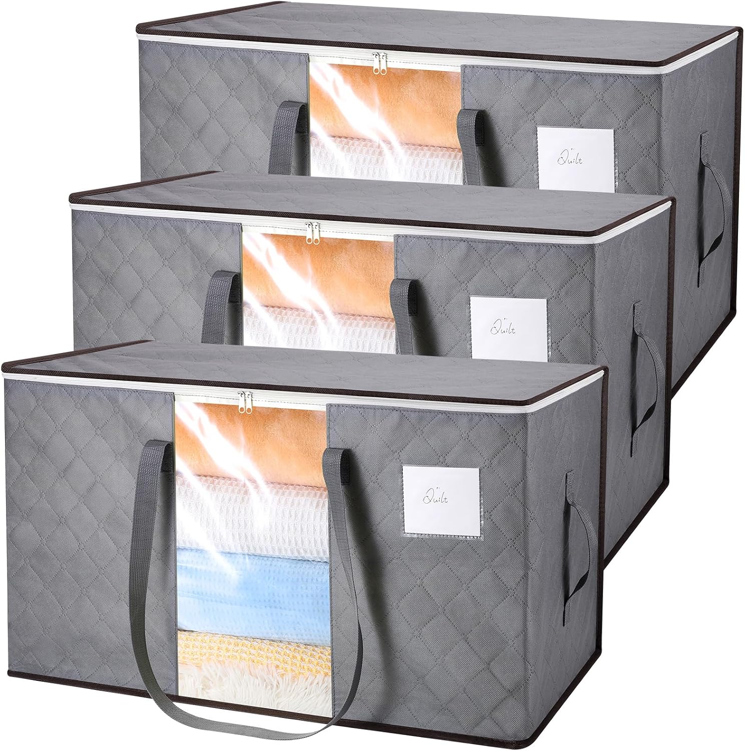 Yafe 3 Pack Large Clothes Boxes with Lids, 91L Capacity Storage Bags with PVC Window Organiser Moving Bag Packing Boxes for Moving House, Clothes, Bedding, Duvet, Toys (Grey)