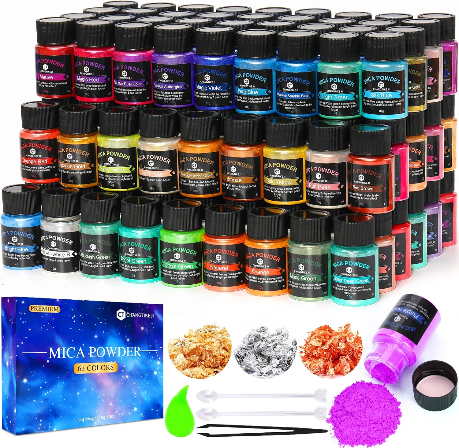 CHANGTIKEJI Mica Powder,63 Color-8g/Bottle Jars of Natural Pigment for Epoxy Resin,Lip Gloss,Eye Shadow,Paint, Dye,Soap Making,Nail Polish,Epoxy Resin,Candle Making,Bath Bombs
