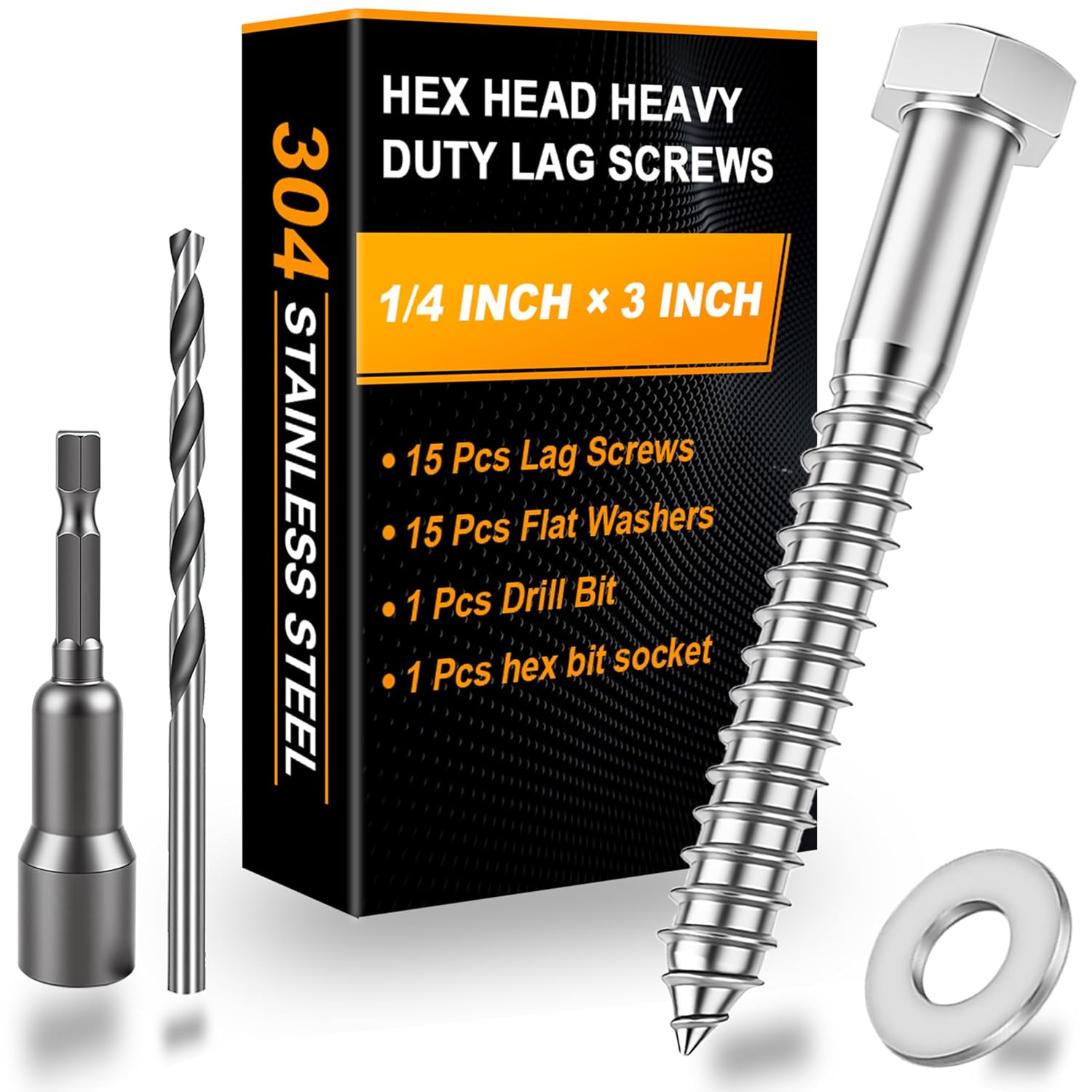 Hex Head Lag Bolts for Wood, Lag Screws 1/4" x 3",15 PCS