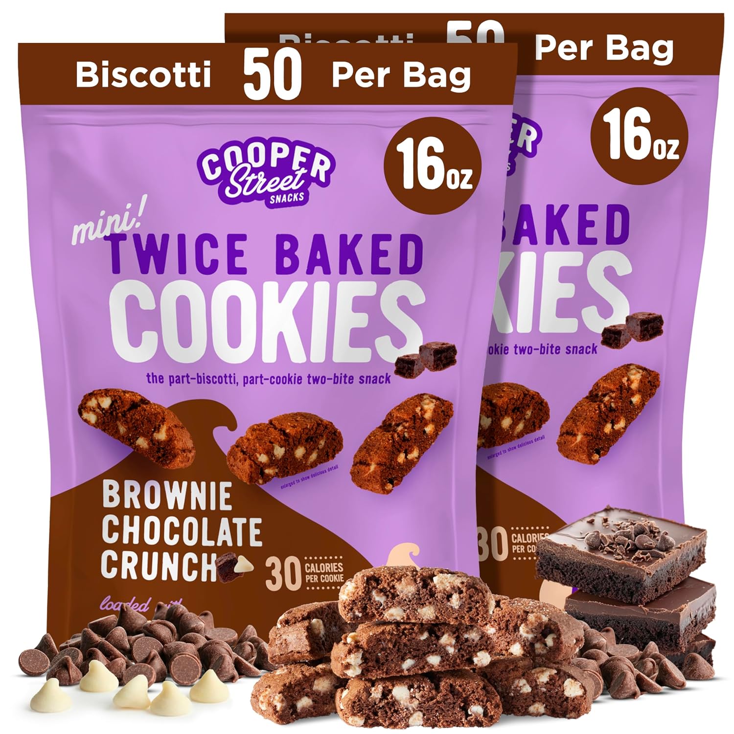 Cooper Street Brownie Chocolate Crunch Mini Biscotti Cookies, 1 lb, 2ct | Twice Baked Italian Style Cookies, Peanut, Soy & Dairy Free, Low Sodium Snack, Kosher, Serve w/ Coffee or Tea, Resealable Bag