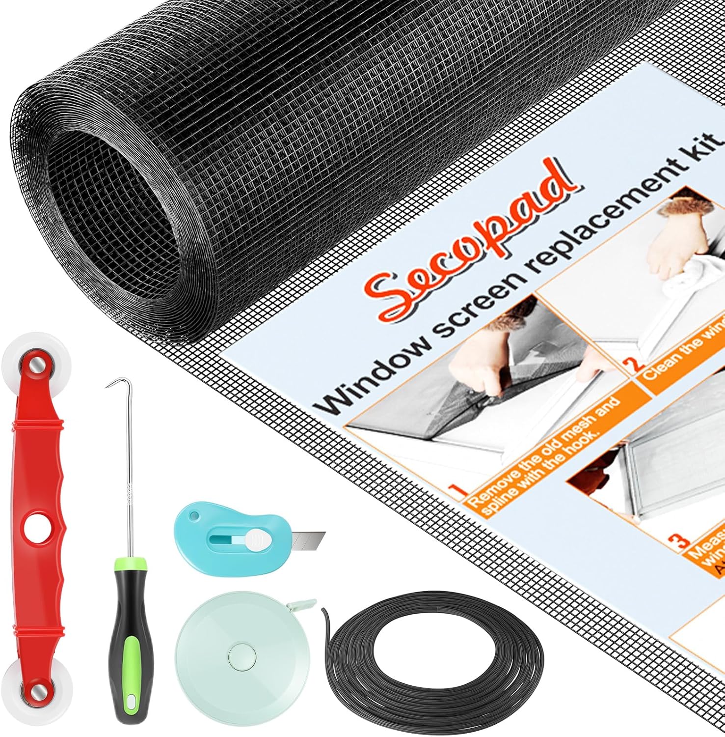 Window Screen Door Repair Kit, 48" x 177" Screen Door Mesh Replacement Kit, Durable Fiberglass Mesh Roll with Tools for Windows Doors Patio and Porch Replacement, Black