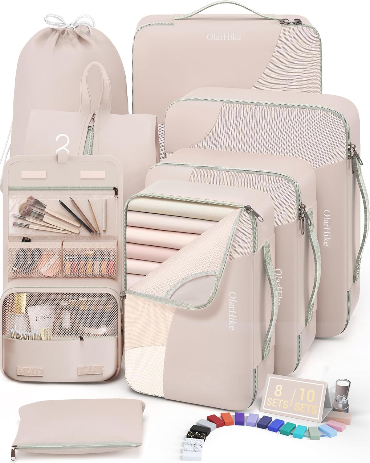 10 Set/8 Set Packing Cubes for Travel, Anti-Tearing Suitcase Organizer for Luggage with Shoe & Hanging Toiletry Bag,Gifts for Women Mom,OlarHike Vacation Essentials & Accessories for Cruise Ship,Cream