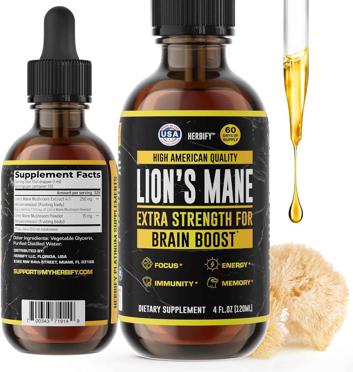 HERBIFY Lions Mane Supplement - Daily Mushroom Supplement for Memory, Focus & Clarity - Brain Booster - Lions Mane Tincture for Immune Support - 4 Fl oz
