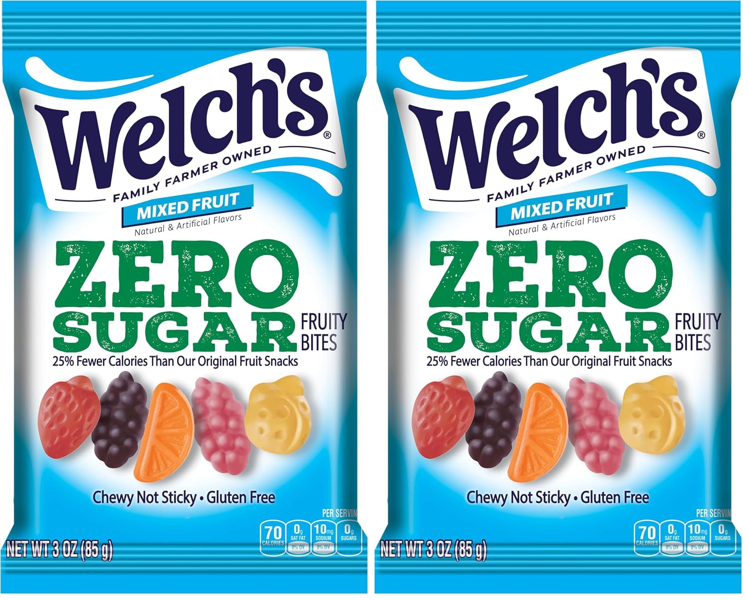 Welch's Zero Sugar Fruity Bites, Mixed Fruit Snack, Gluten Free & Sugar Free Snacks, 3oz Snack (Pack of 2)
