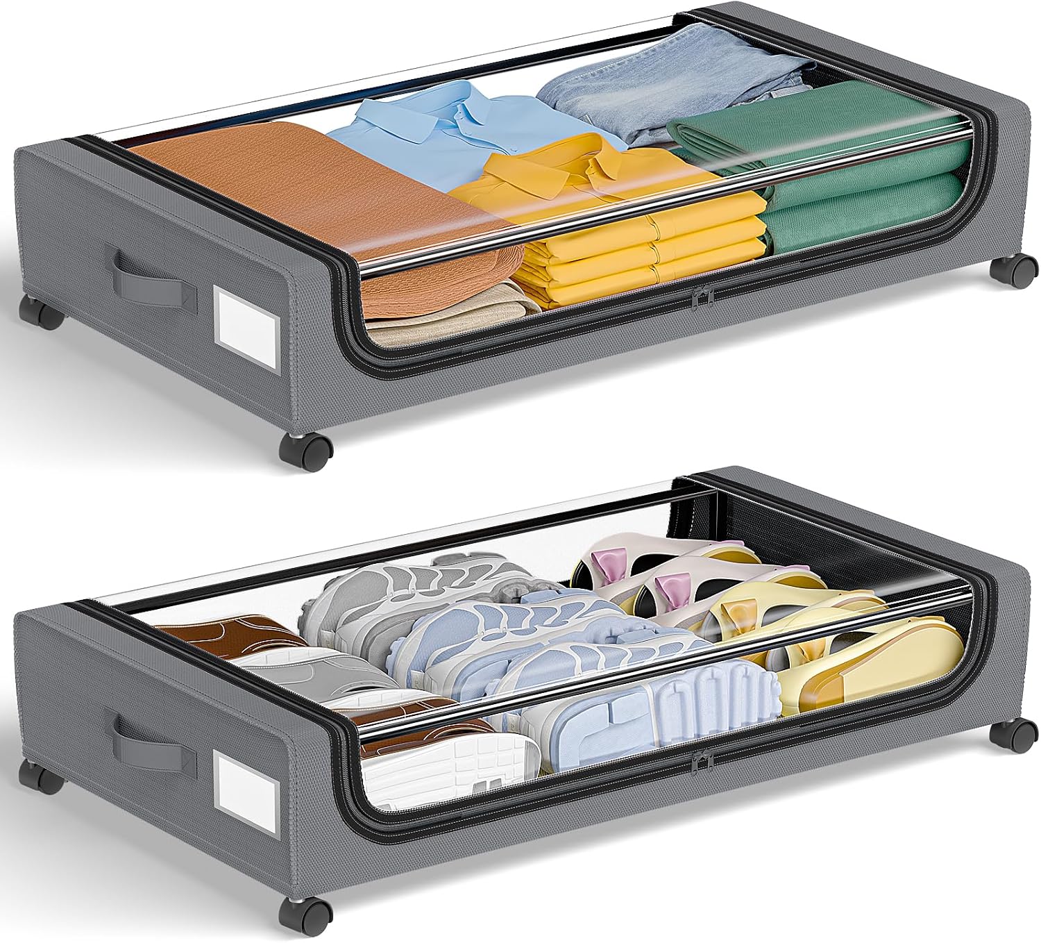 GoMaihe Under Bed Storage with Wheels: XXL 48L Underbed Storage Containers with Lids - Rolling Drawers for Shoes Clothes in Dorm Bedroom - Space-Saving Easy Pull-out Grey 2-Pack