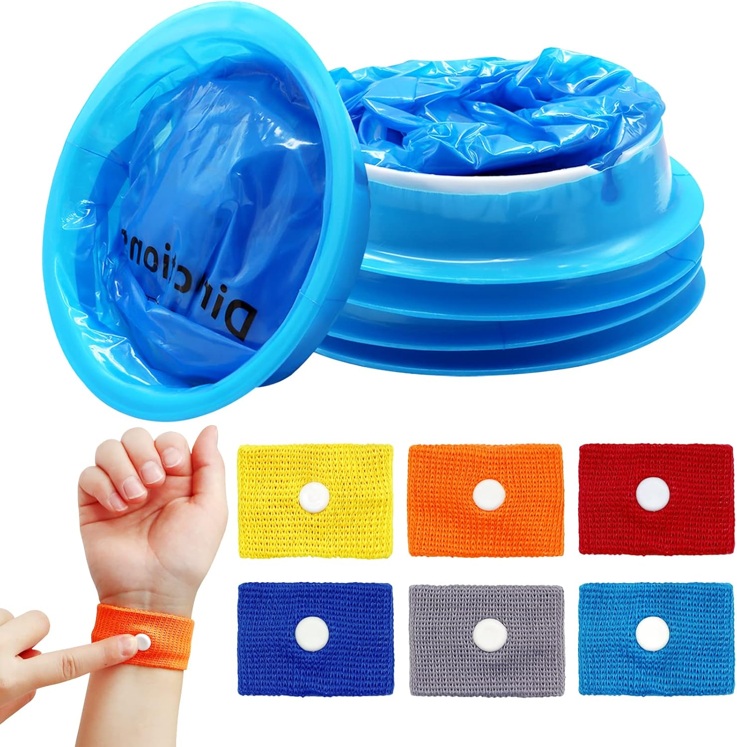 Vomit Bags and Motion Sickness Bands Set for Travel, Wieat 5 Disposable Sick Bags 6 Sickness Relief Wristbands, Anti-Nausea Bands and 1000ml Barf Bags for Kids, Adults, Pregnancy, Car Sea Flying Trip