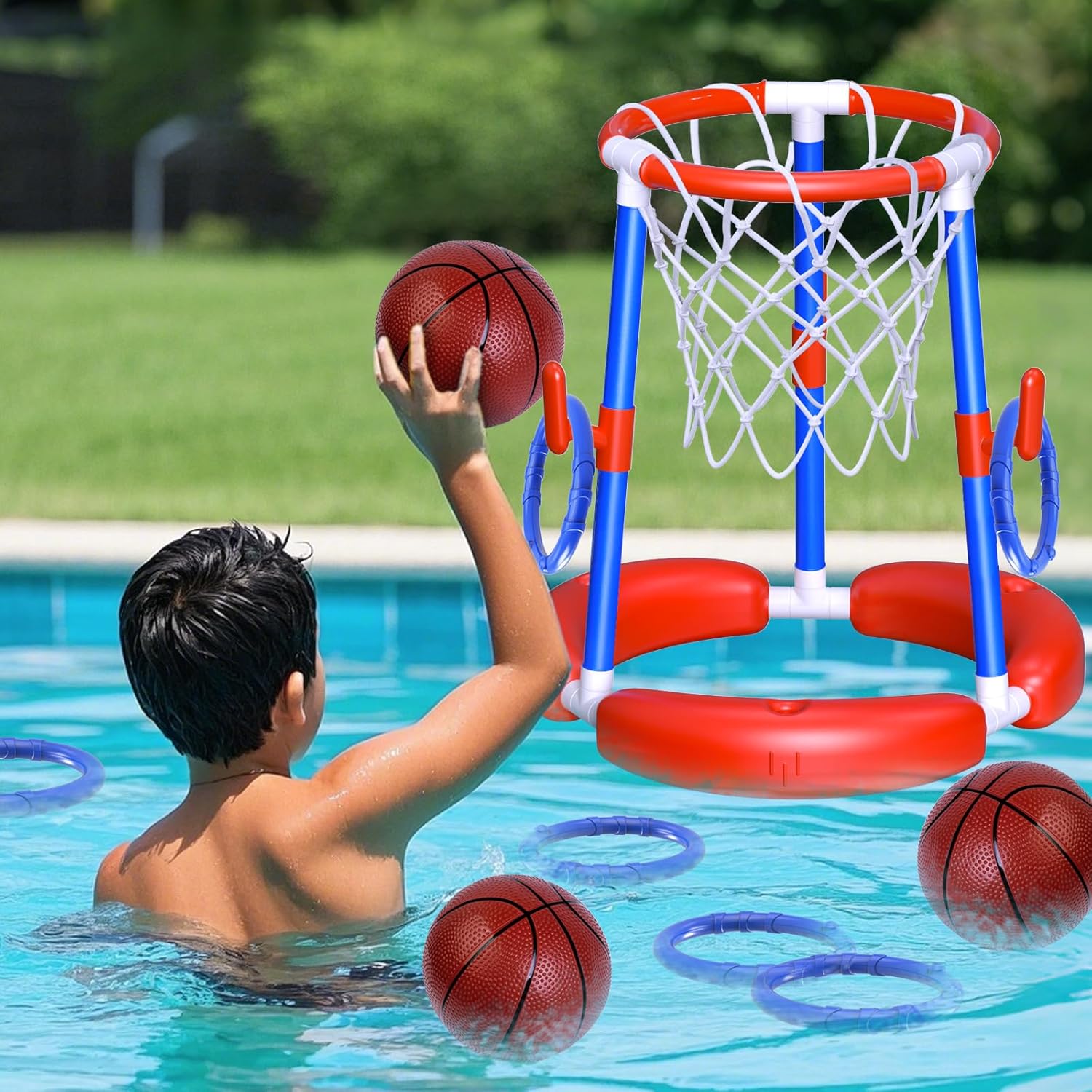 Pool Basketball Hoop Floating Ring Toss Game,Pool Toys for Kids Summer Toys,Birthday Gifts for Kids,Family Pool Party,Swimming Pool Basketball Hoop Include 2 Balls,6 Ring and 1 Pump,Blue