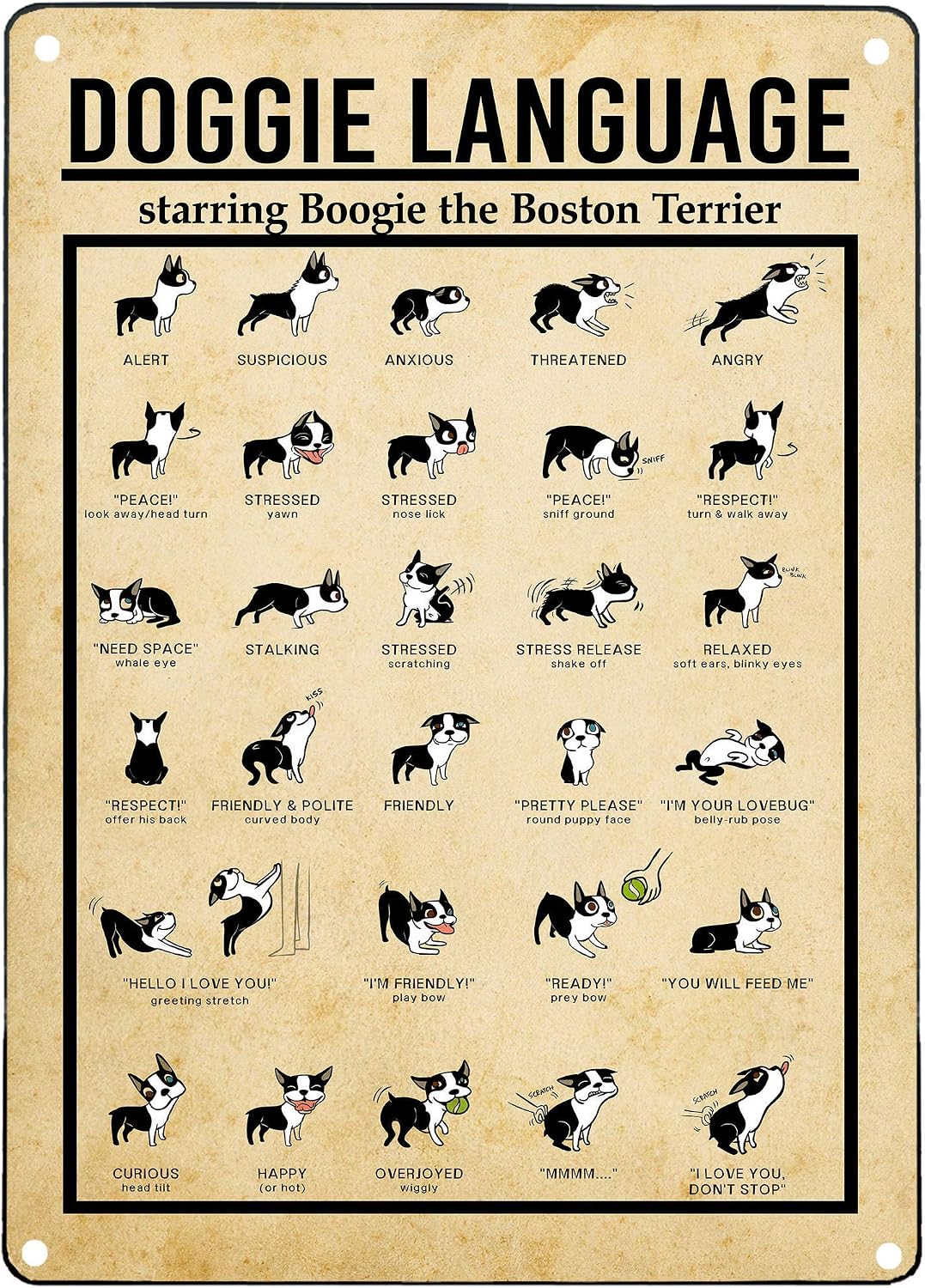 Nufar Aluminum Tin Sign Doggie Language Knowledge Metal Sign Vintage Wall Decor Metal Sign 8x12 Inch,24ja16sbB12