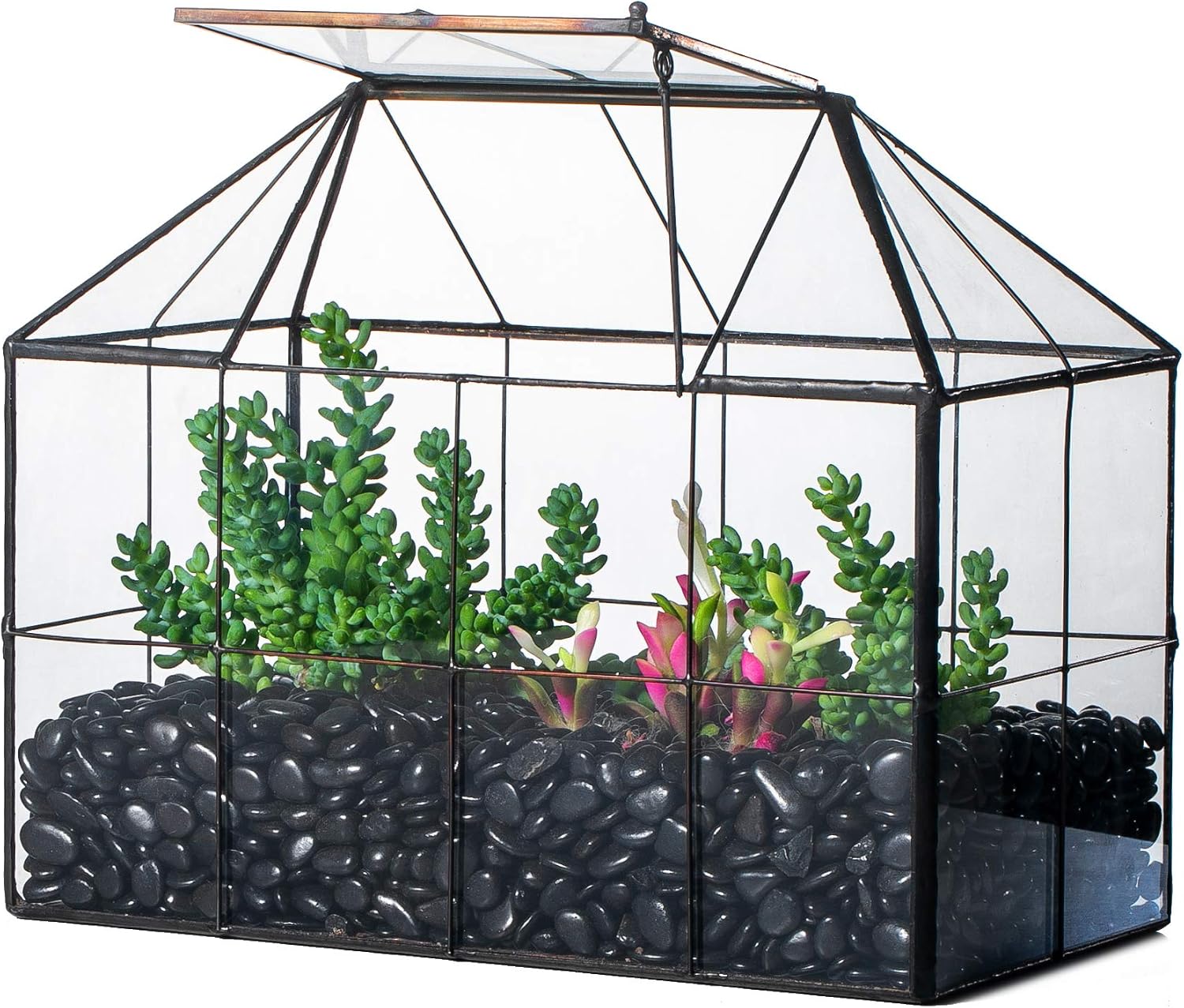 NCYP Geometric Glass Terrarium - 25x13.5x20 cm House Shape Terrarium Planter for Succulents, Cacti - Modern Home Indoor Tabletop Decor, Centerpiece, Black (No Plants)