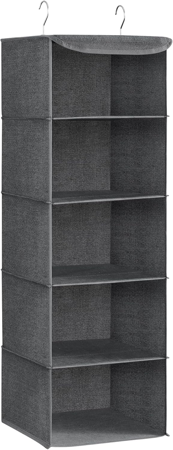 SONGMICS Hanging Wardrobe Storage Organiser, Hanging Storage Shelves, Foldable Wardrobe Clothes Organiser, Space-Saving, Metal Hooks, Bamboo Inserts, Linen Pattern,Grey RYCH06G