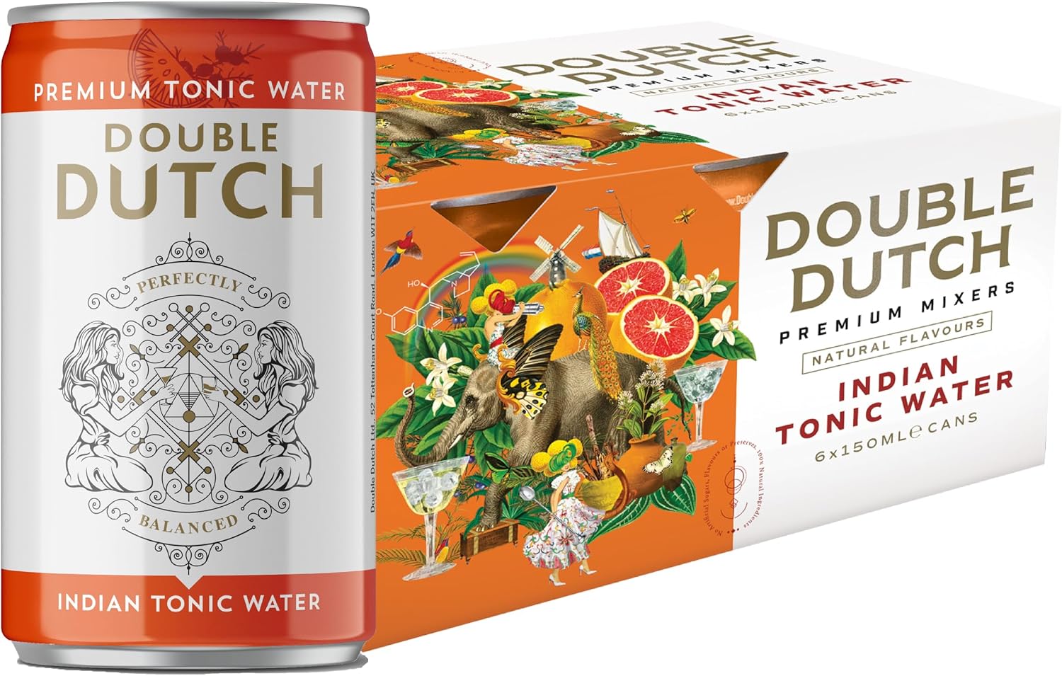 Double Dutch Indian Tonic Water, Premium Mixer, Low Calorie Perfect Mixer for Cocktails, No Artificial Colours Preservatives or Flavours, 150ml Cans (Pack of 6)
