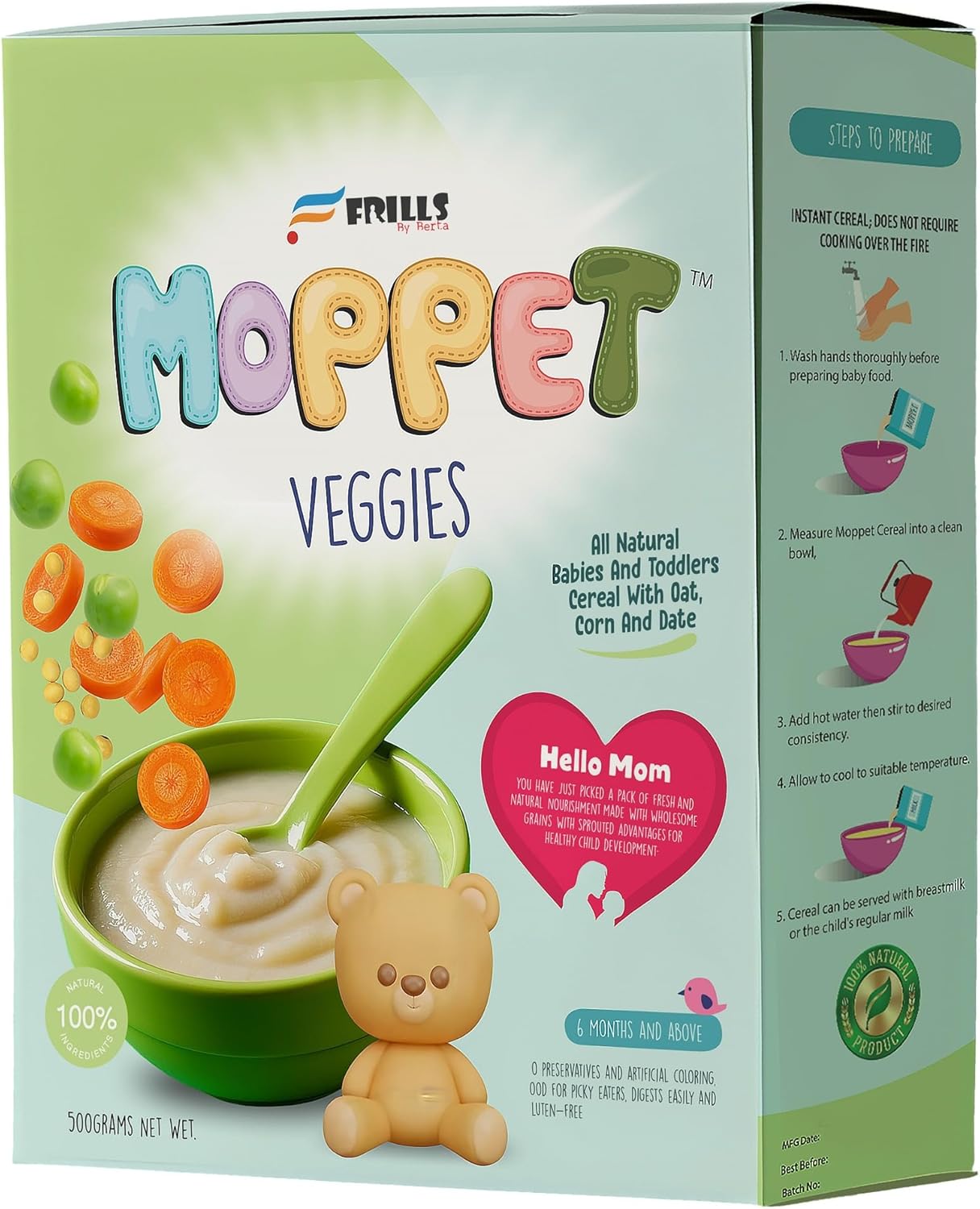 Moppet Veggies Baby Cereal – All-Natural Sprouted Grain, Fruits & Vegetable Blend with Sweet Potato, Carrot, Dates & Pawpaw – No Sugar, No Additives