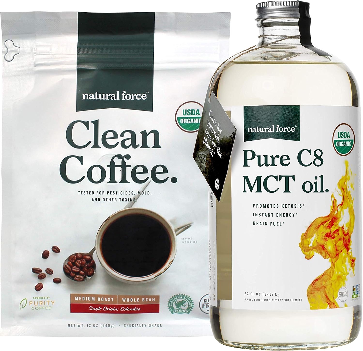 Natural Force Clean Coffee + Organic Pure C8 MCT Oil Bundle – 100% C8 MCTs & Mold & Mycotoxin Free Coffee – Non-GMO, Keto, Paleo, and Vegan - 12 Oz Bag and 32 Oz Glass Bottle