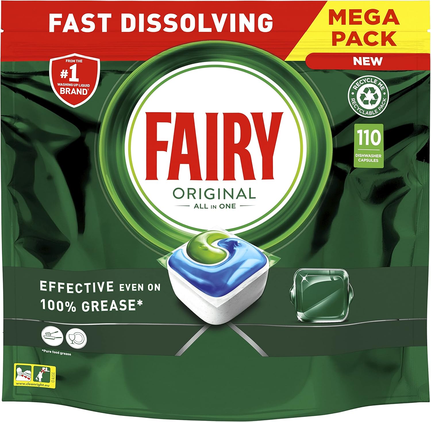 Fairy Original All In One Dishwasher Tablets, Regular, 110 Tablets, Effective Even On Dried-On Grease